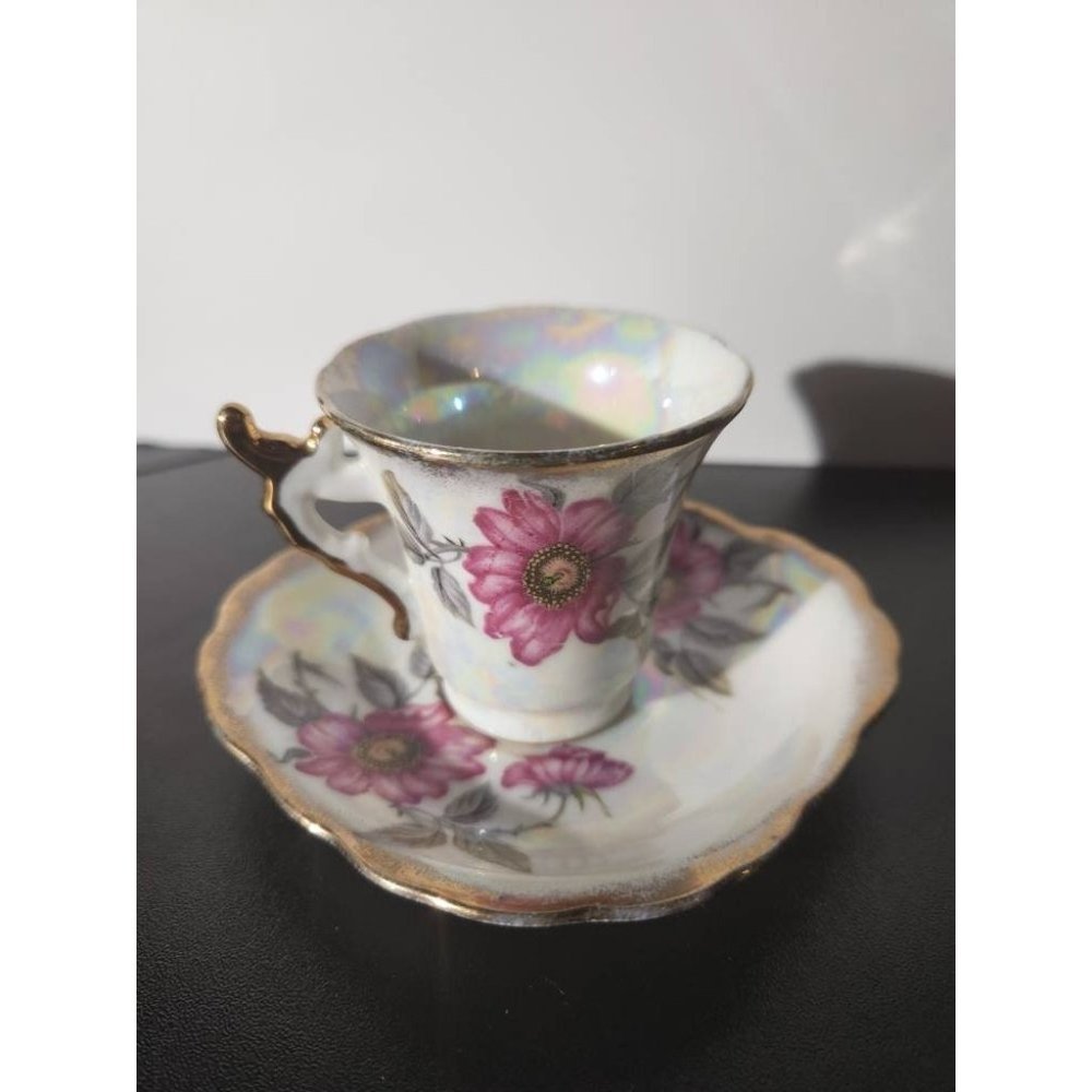 Vintage Pearl White Lusterware Tea Cup and Saucer Gold Trim and Pink Flowers